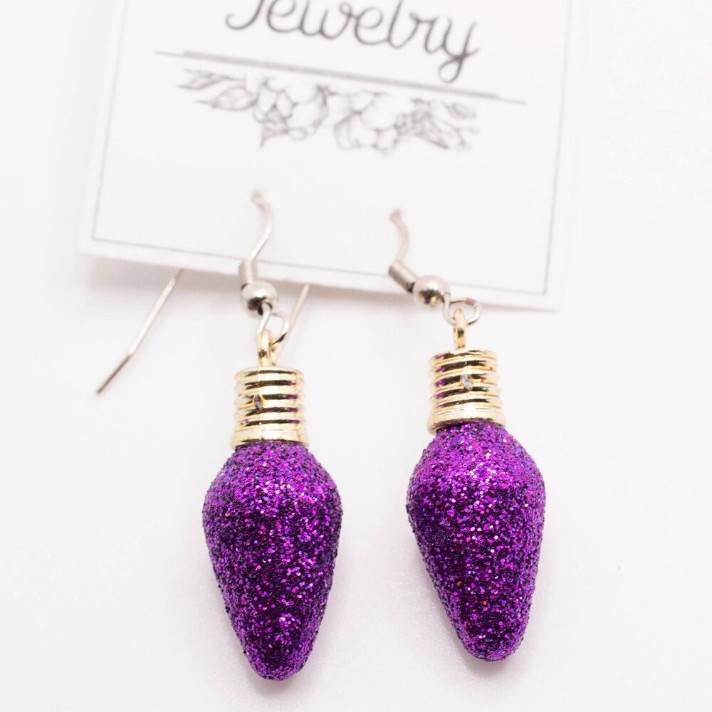 Handmade Jewelry Holiday Medium Purple Glitter Christmas Bulb Earrings, New